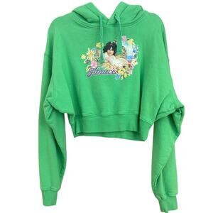 Y2K Fiorucci Women's Alpine Angels Graphic Sweatshirt Sz L Cropped Hoodie Green